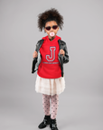 Red hooded sweatshirt with front logo and drawstring hood