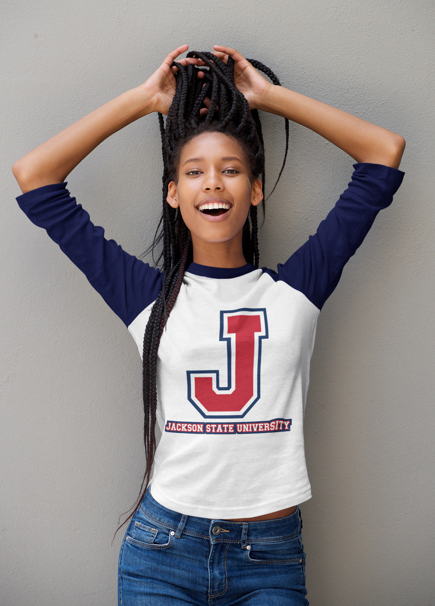 Ladies baseball raglan T-shirt on model, white body, navy sleeves, red trim, J logo