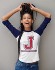 Ladies baseball raglan T-shirt on model, white body, navy sleeves, red trim, J logo