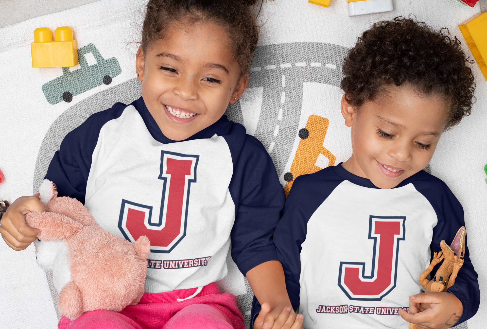 Toddler baseball raglan T-shirt pair, white body, navy sleeves, red collar, J logo front