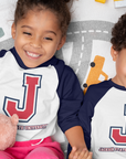 Toddler baseball raglan T-shirt pair, white body, navy sleeves, red collar, J logo front
