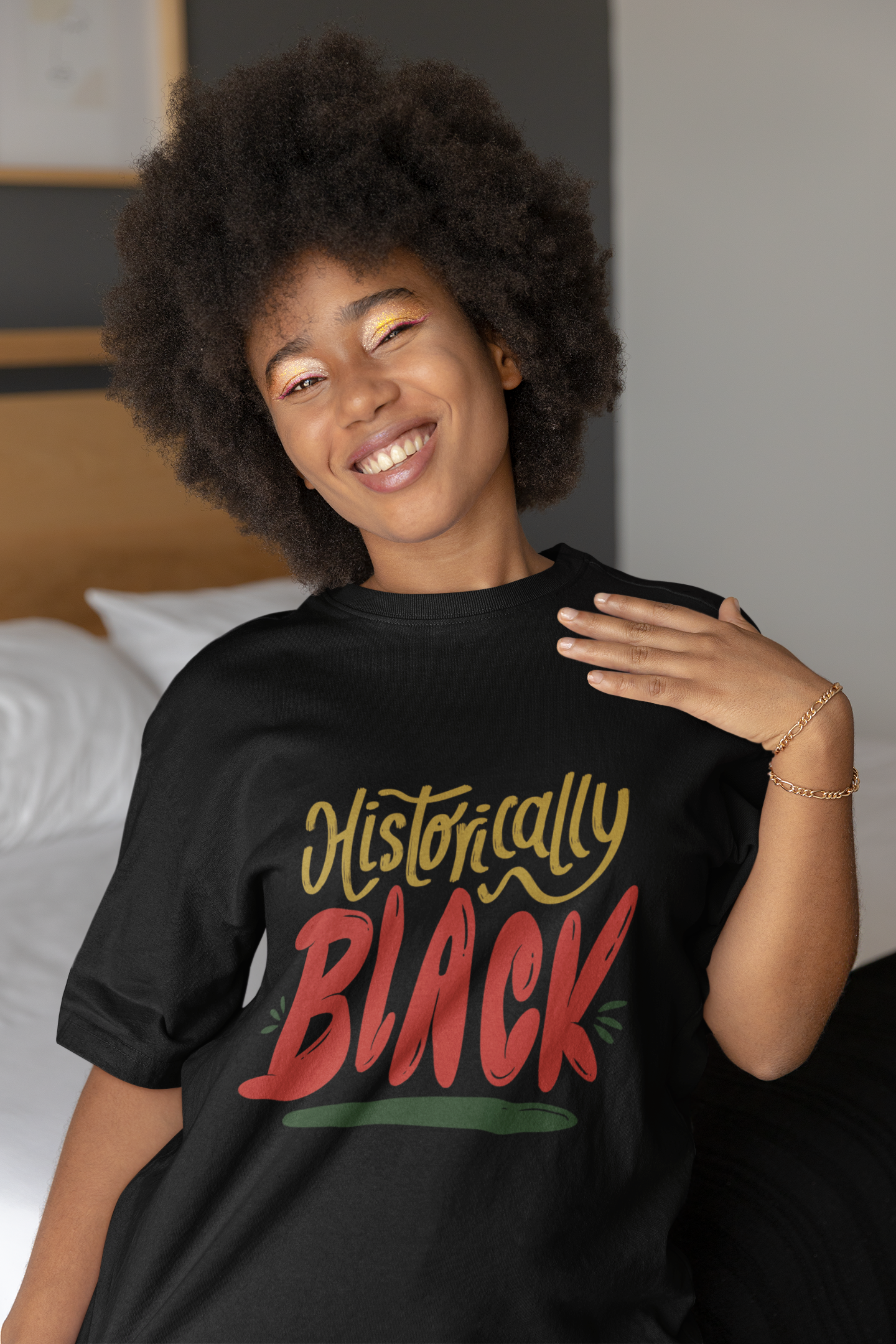 Unisex crewneck t-shirt, black with multicolor “Historically Black” graphic