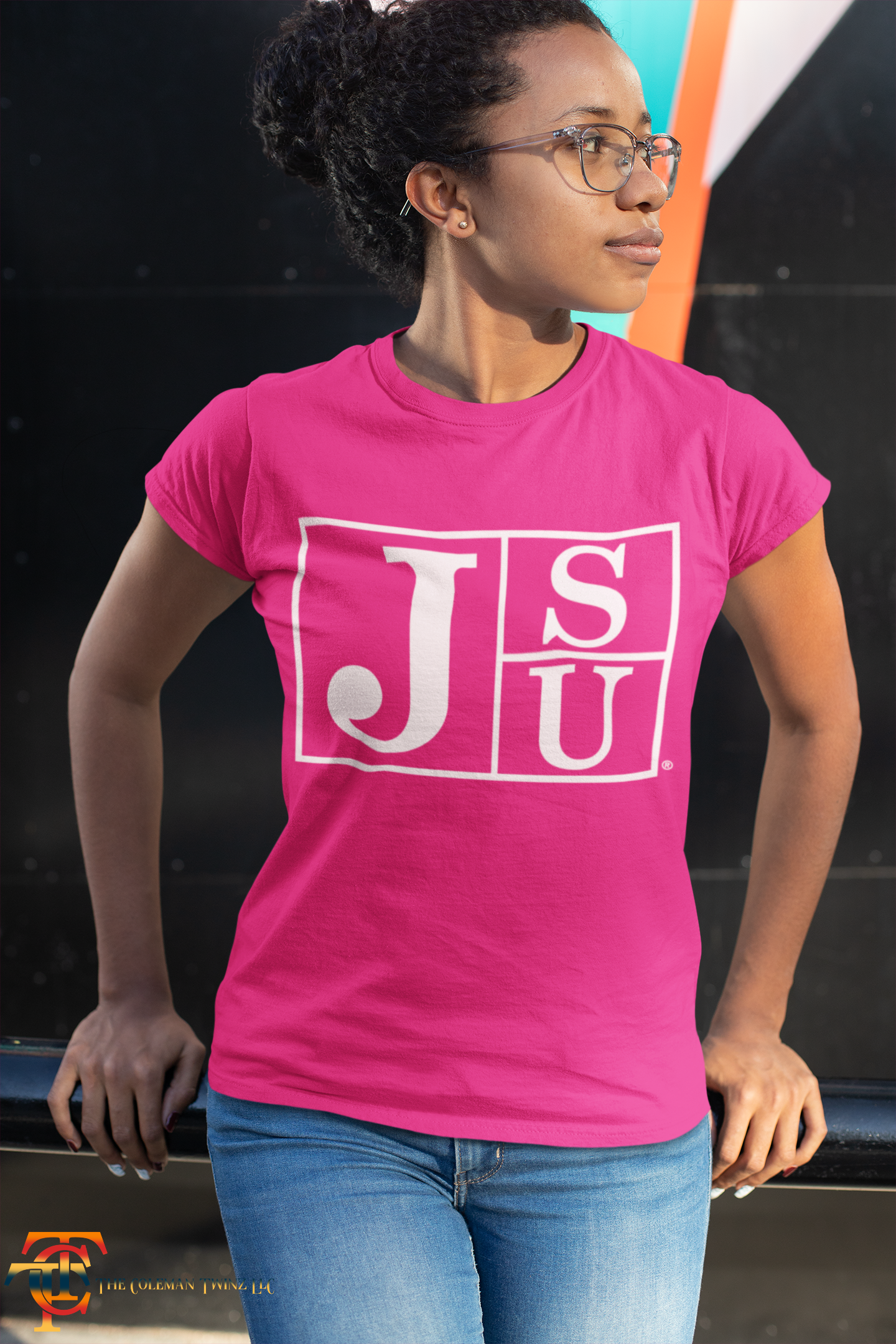 Jackson State University Tigers short-sleeve T-shirt, bright pink with white block logo