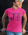 Pink crew-neck short-sleeve T-shirt with blue JSU block-letter logo on front