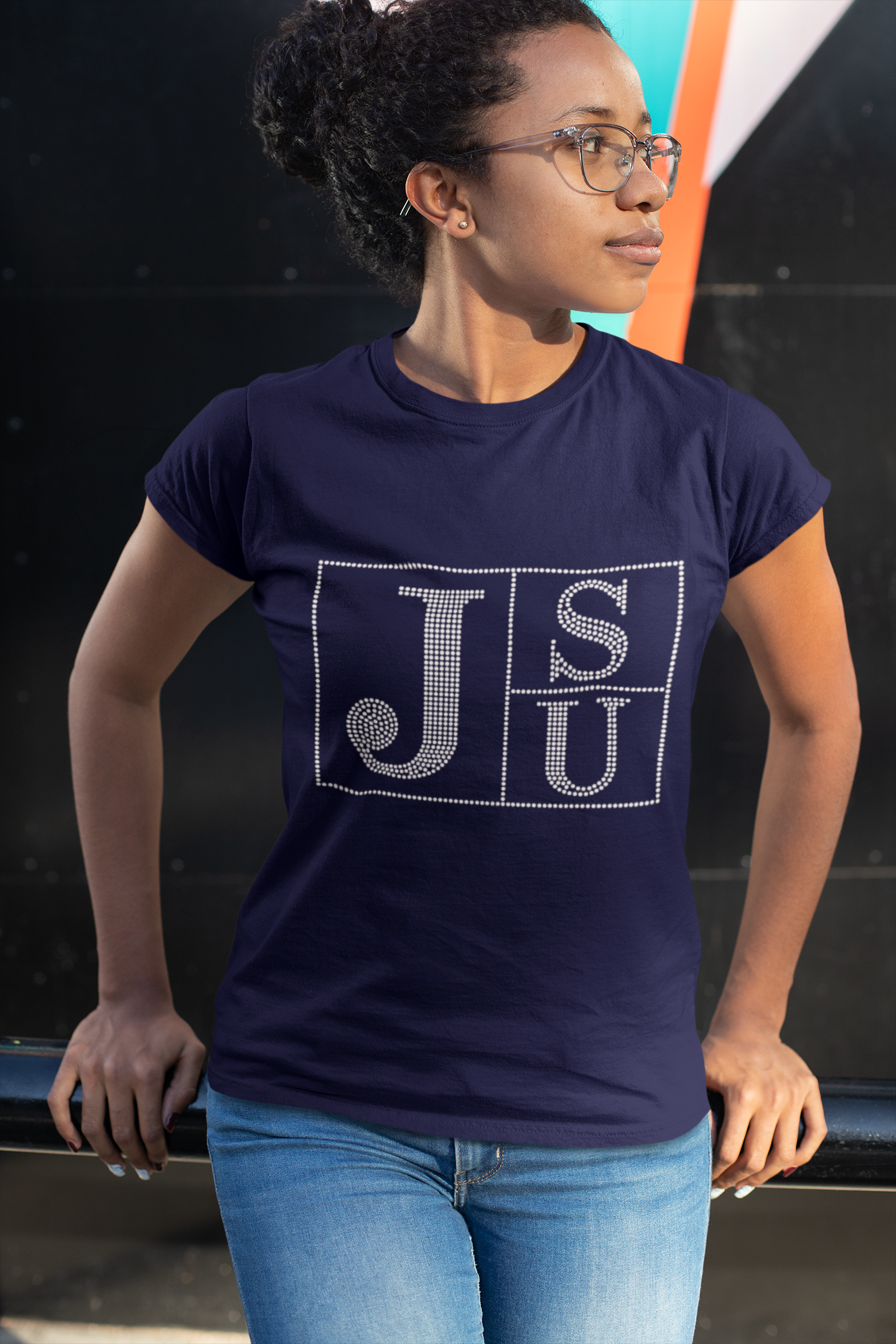Navy crew-neck T-shirt with rhinestone block TS and JU lettering on chest