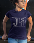 Navy crew-neck T-shirt with rhinestone block TS and JU lettering on chest