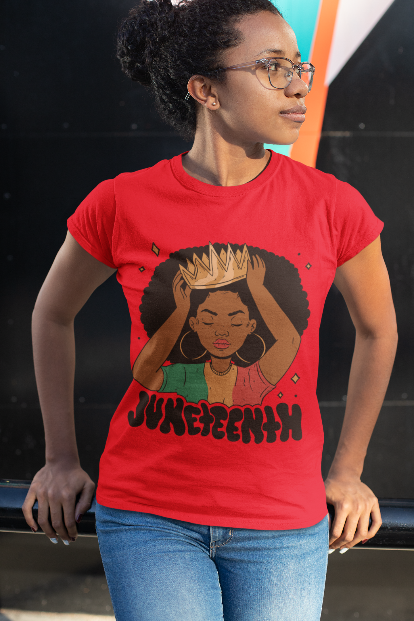 Red Juneteenth Queen graphic T-shirt with crowned queen front print