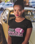 Black crew-neck T-shirt with large “Tigers Tackle Breast Cancer” football graphic