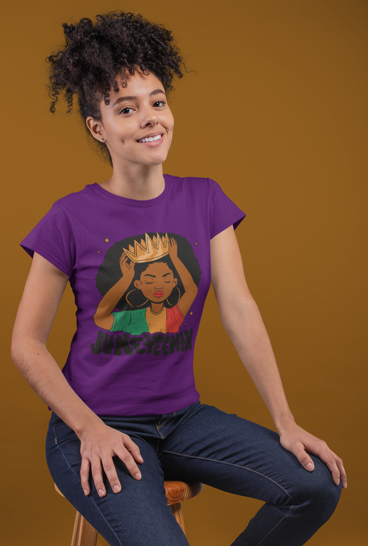 Purple Juneteenth Queen graphic T-shirt with crowned queen front print