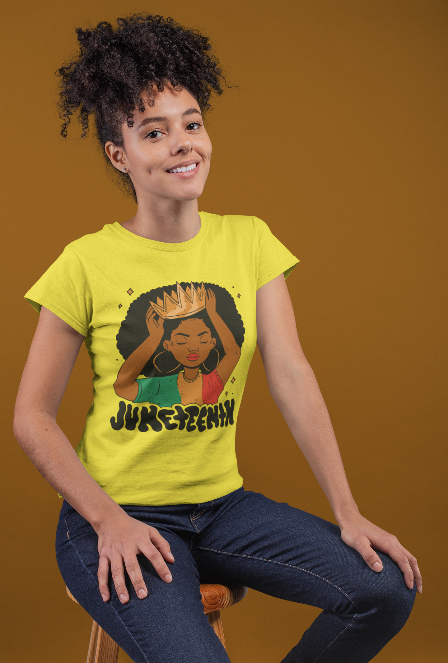 Yellow Juneteenth Queen graphic T-shirt with crowned queen front print