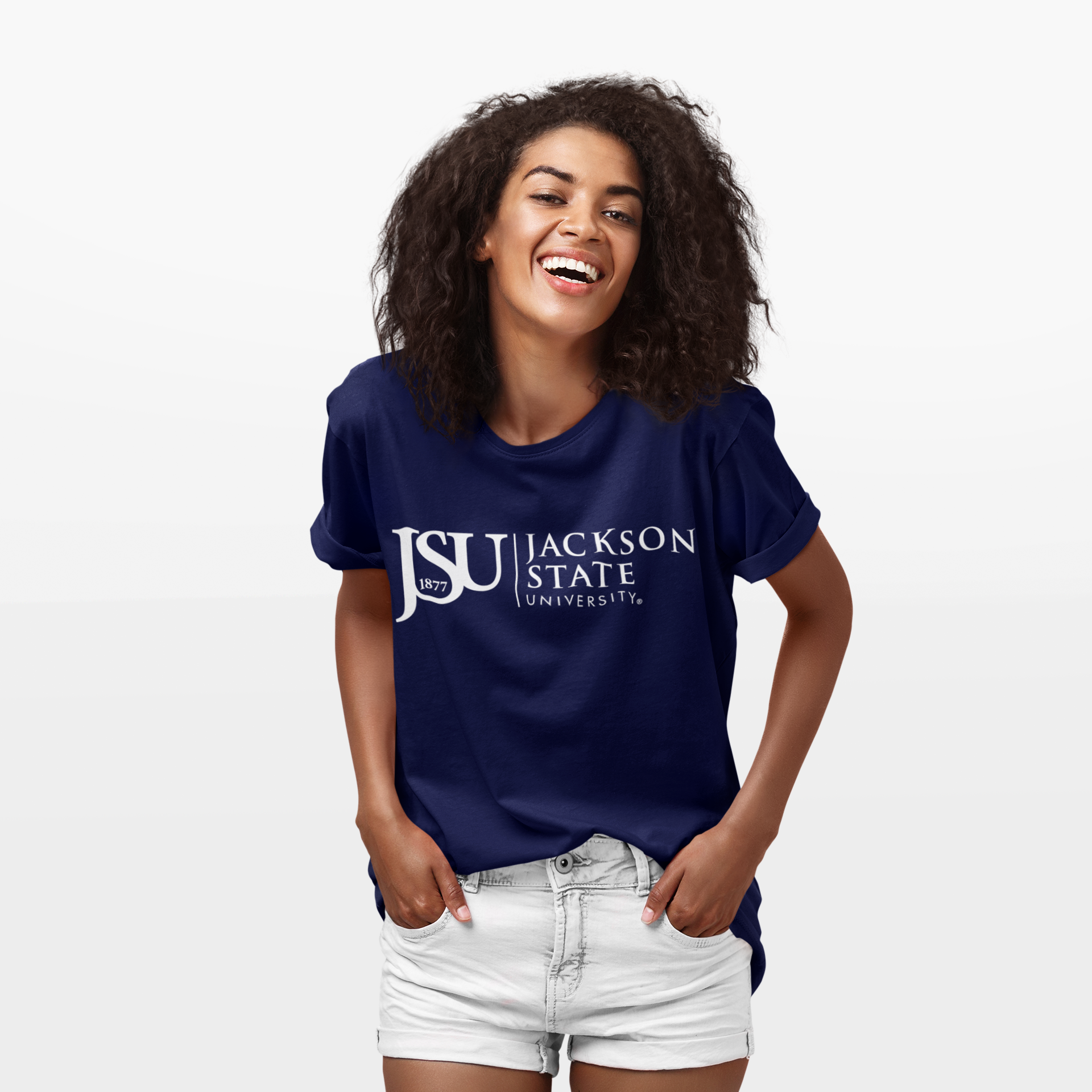 Navy crew-neck T-shirt with Jackson State University logo and 1877 print