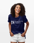 Navy crew-neck T-shirt with Jackson State University logo and 1877 print