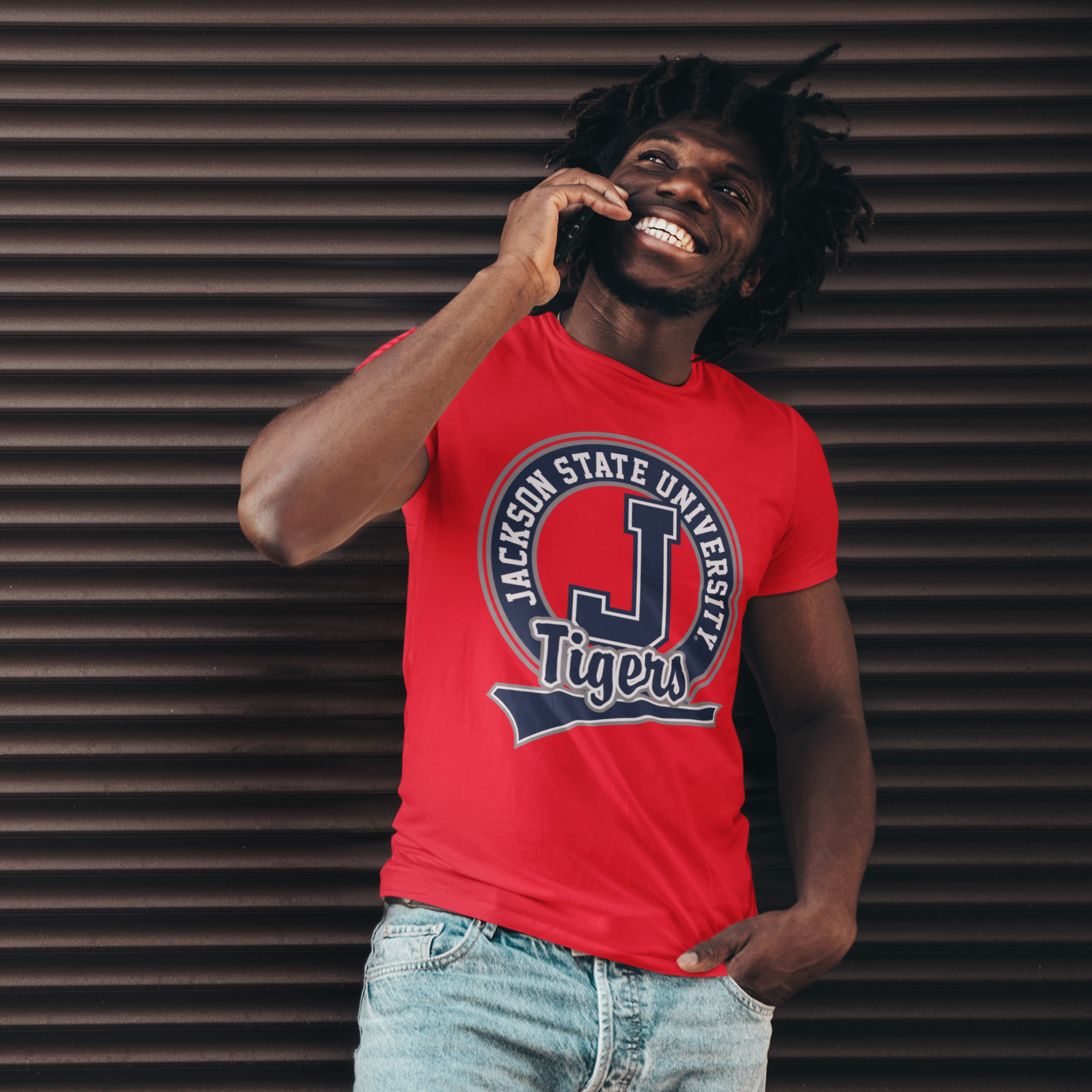 Red short sleeve crew-neck T-shirt with Jackson State Tigers logo front