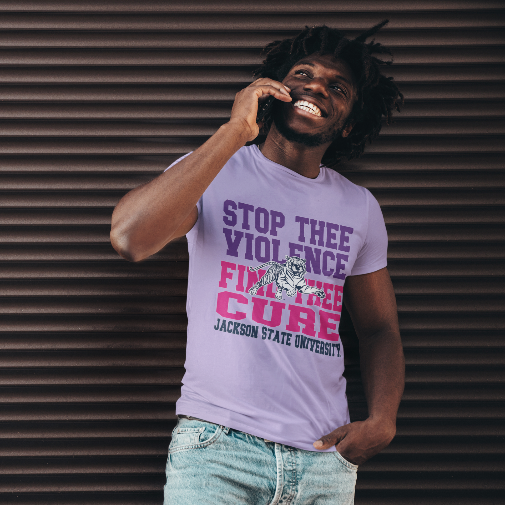 Lavender unisex crew neck T-shirt with "Stop Thee Violence" and "Cure" tiger graphic