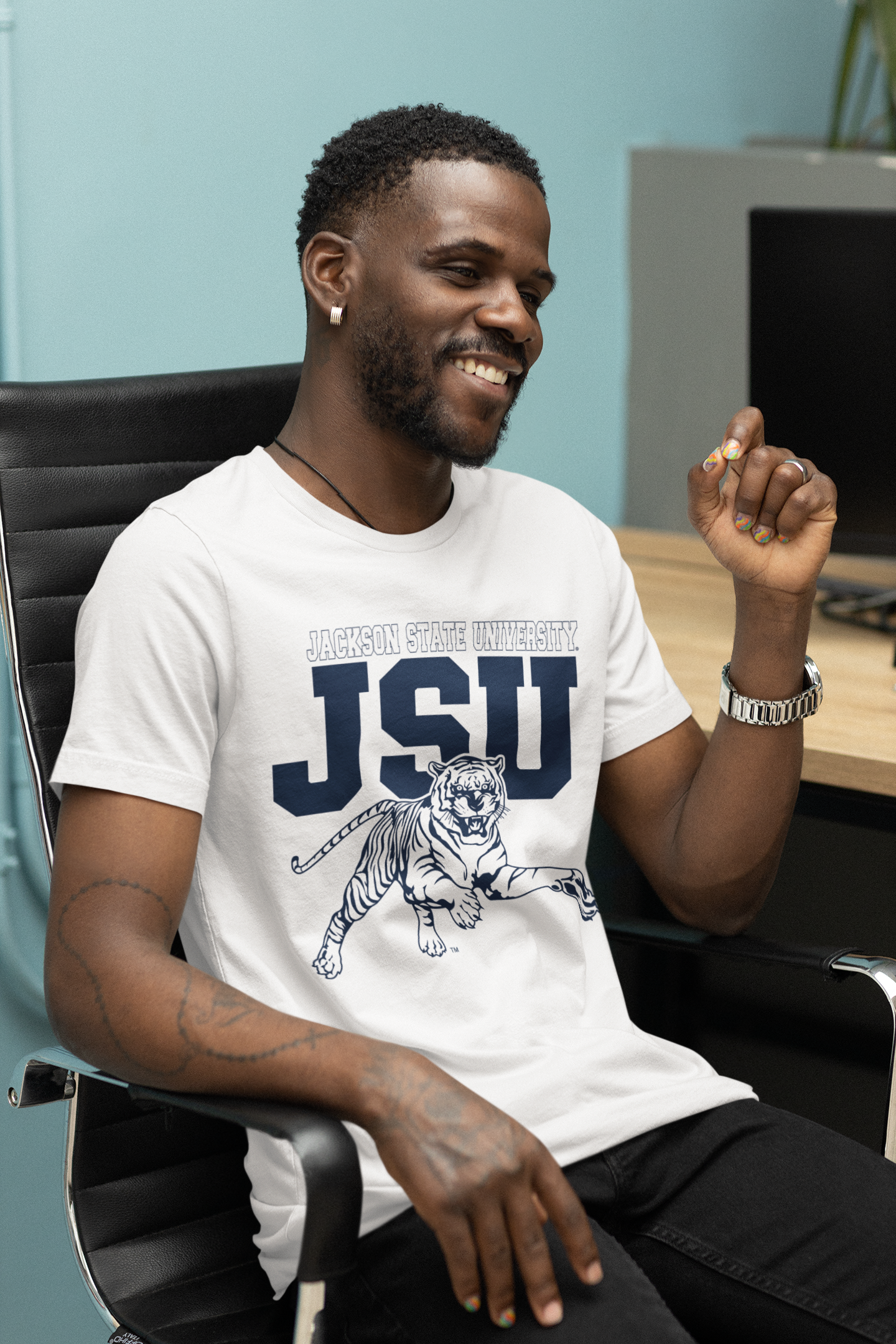 White unisex crew-neck T-shirt with JSU leaping tiger graphic and lettering