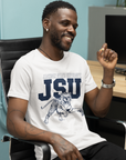 White unisex crew-neck T-shirt with JSU leaping tiger graphic and lettering