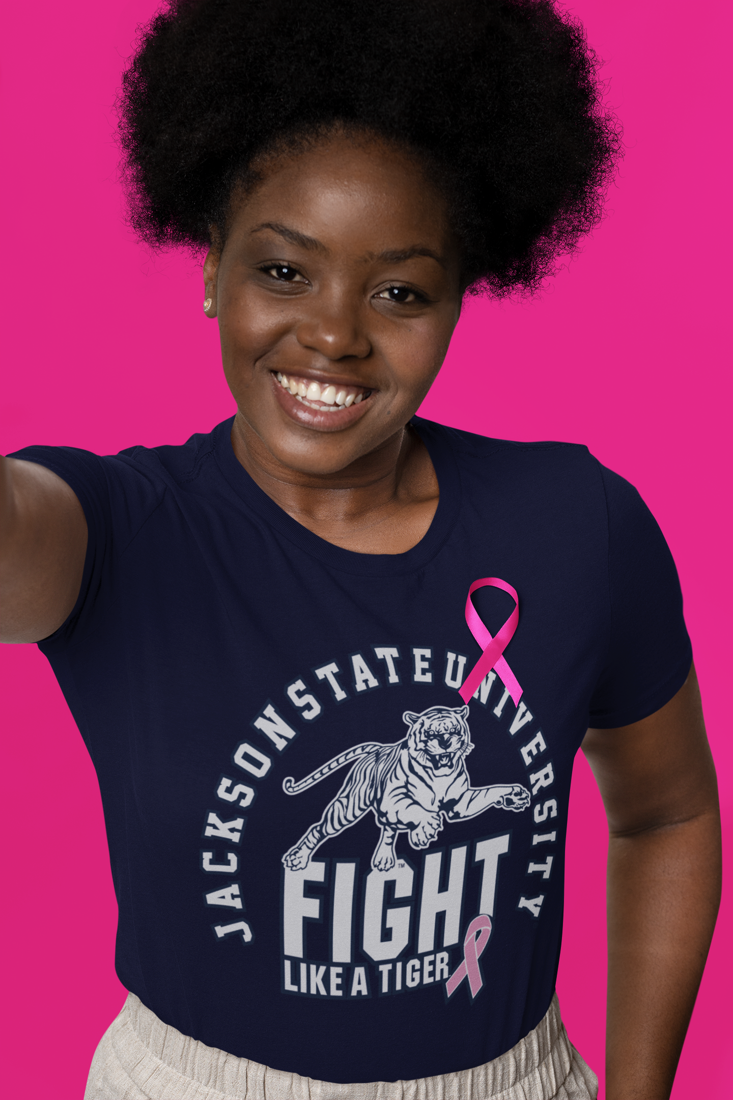 Navy short sleeve V-neck T-shirt worn by model with tiger Fight Like a Tiger graphic