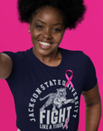 Navy short sleeve V-neck T-shirt worn by model with tiger Fight Like a Tiger graphic