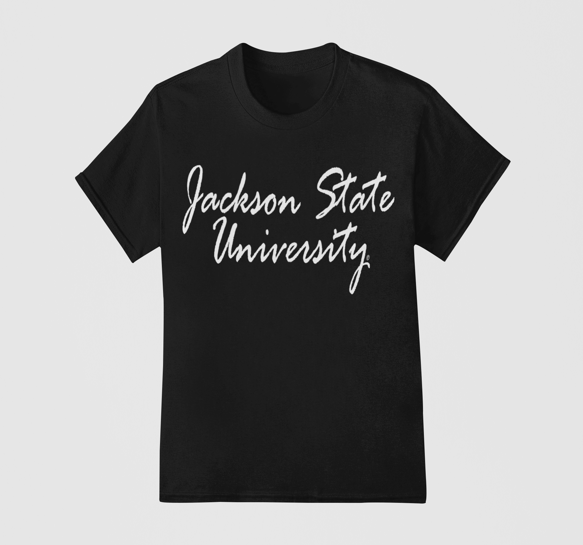Black short-sleeve crew neck t-shirt with white “Jackson State University” script