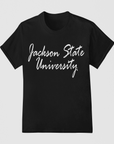 Black short-sleeve crew neck t-shirt with white “Jackson State University” script