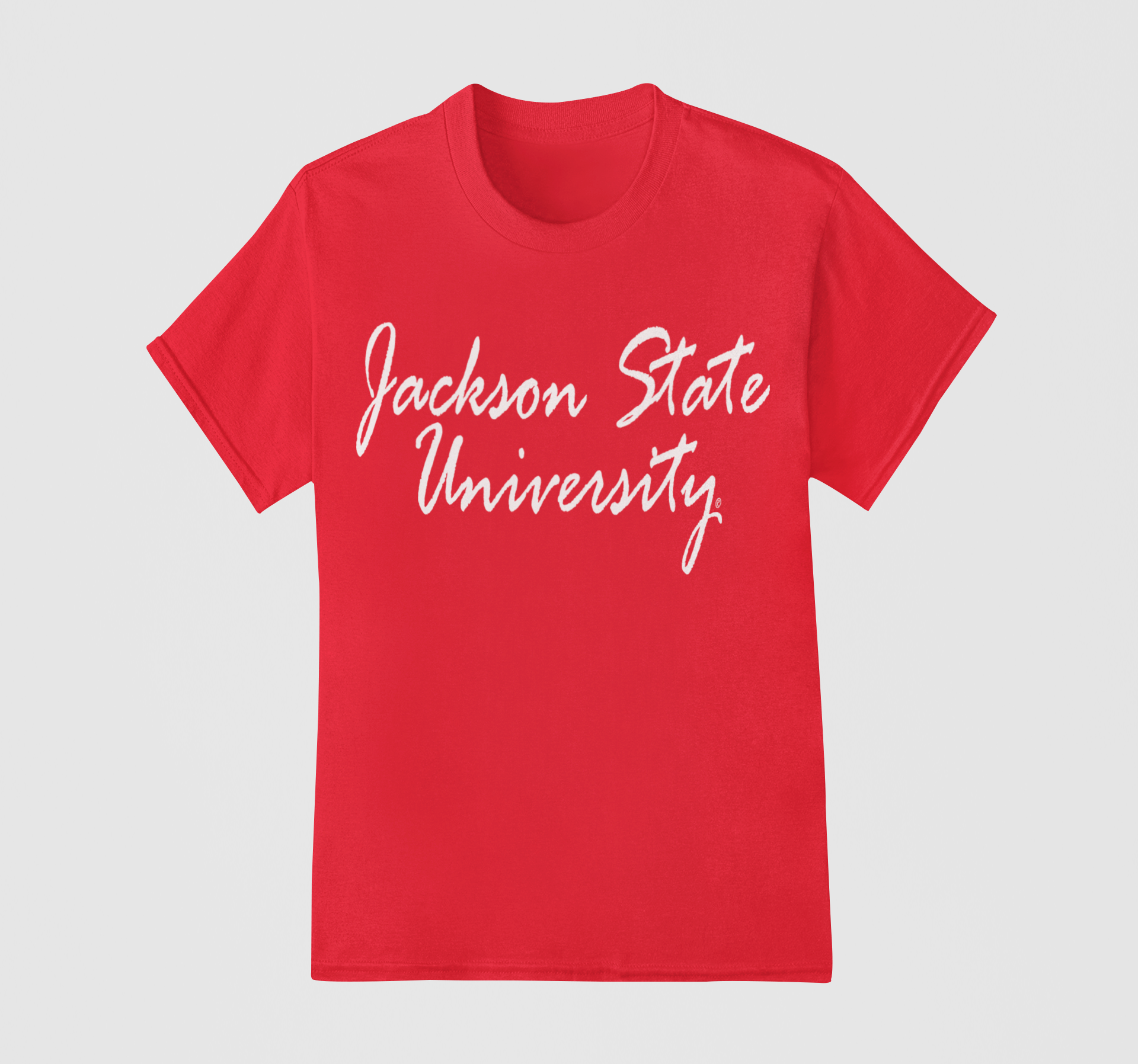 Red short-sleeve crew neck t-shirt with white “Jackson State University” script