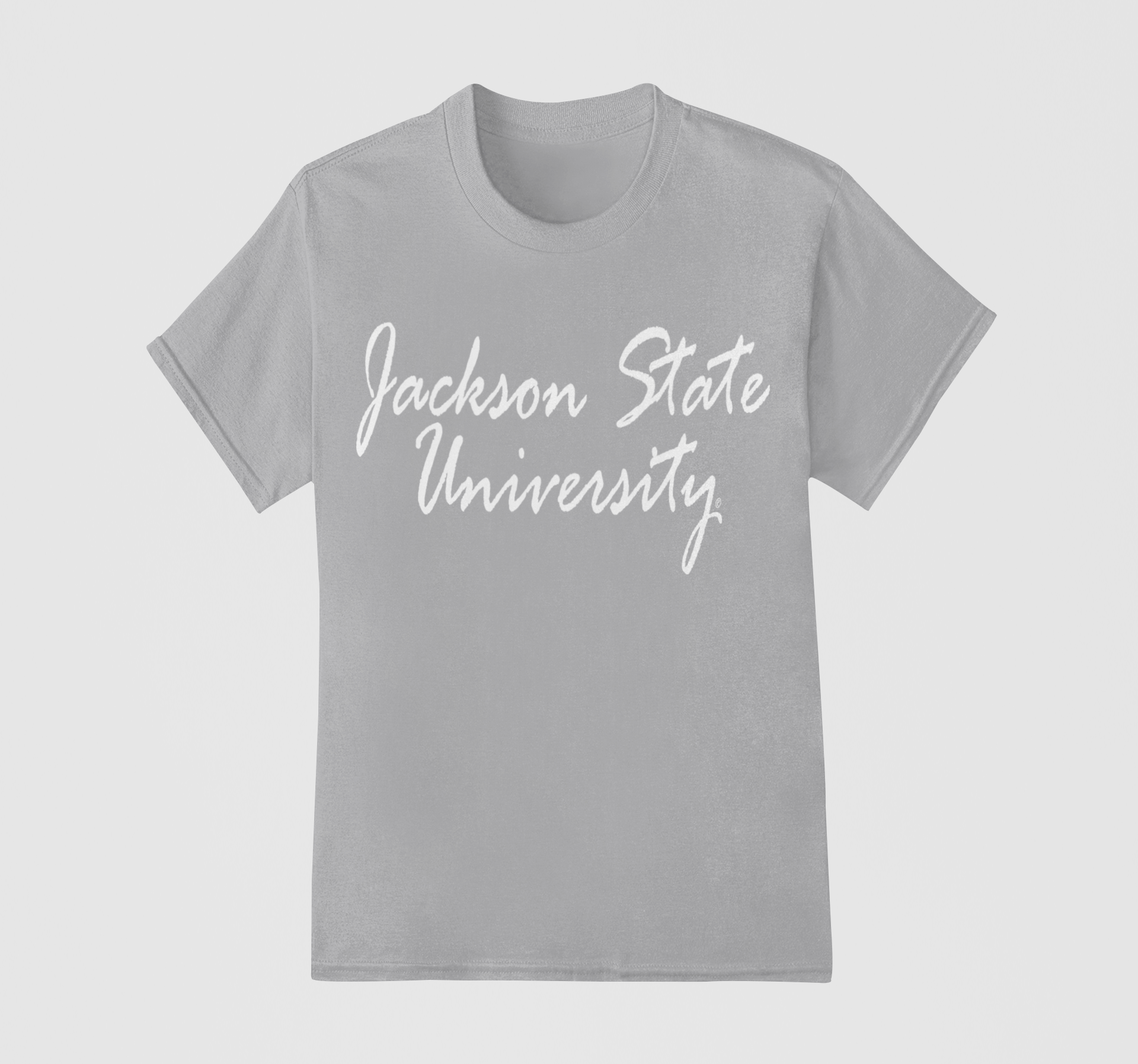 Light gray short-sleeve crew neck t-shirt with white “Jackson State University” script