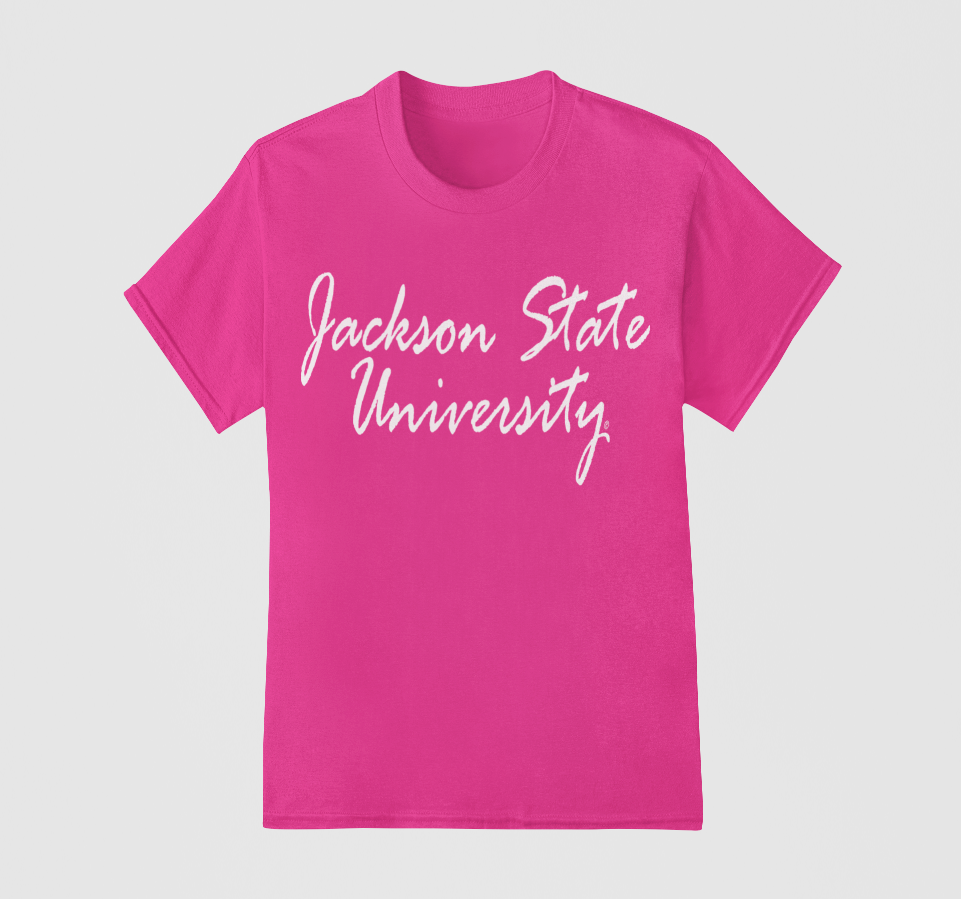 Pink short-sleeve crew neck t-shirt with white “Jackson State University” script