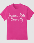Pink short-sleeve crew neck t-shirt with white “Jackson State University” script