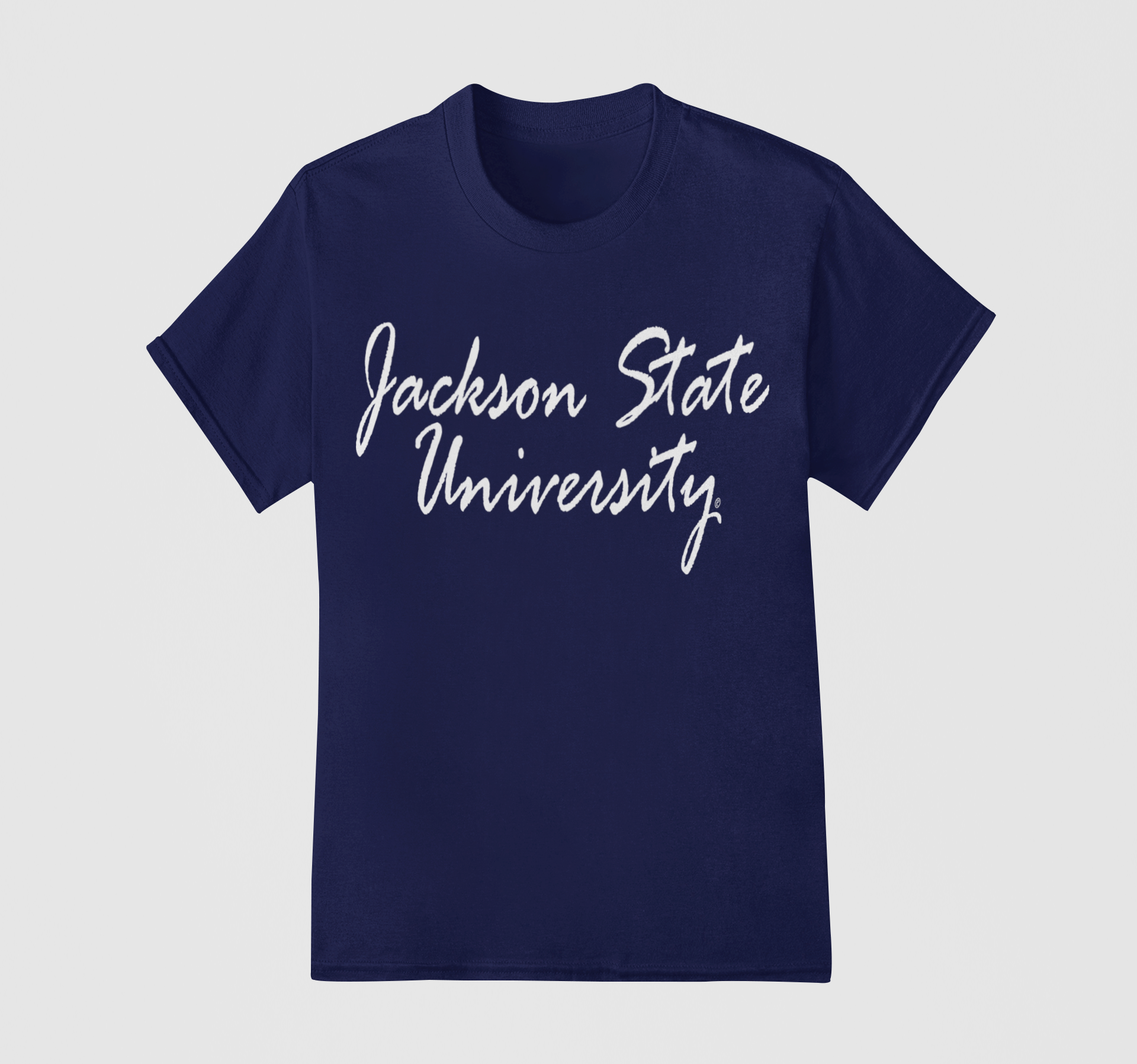 Navy toddler short-sleeve T-shirt with white script university logo on chest
