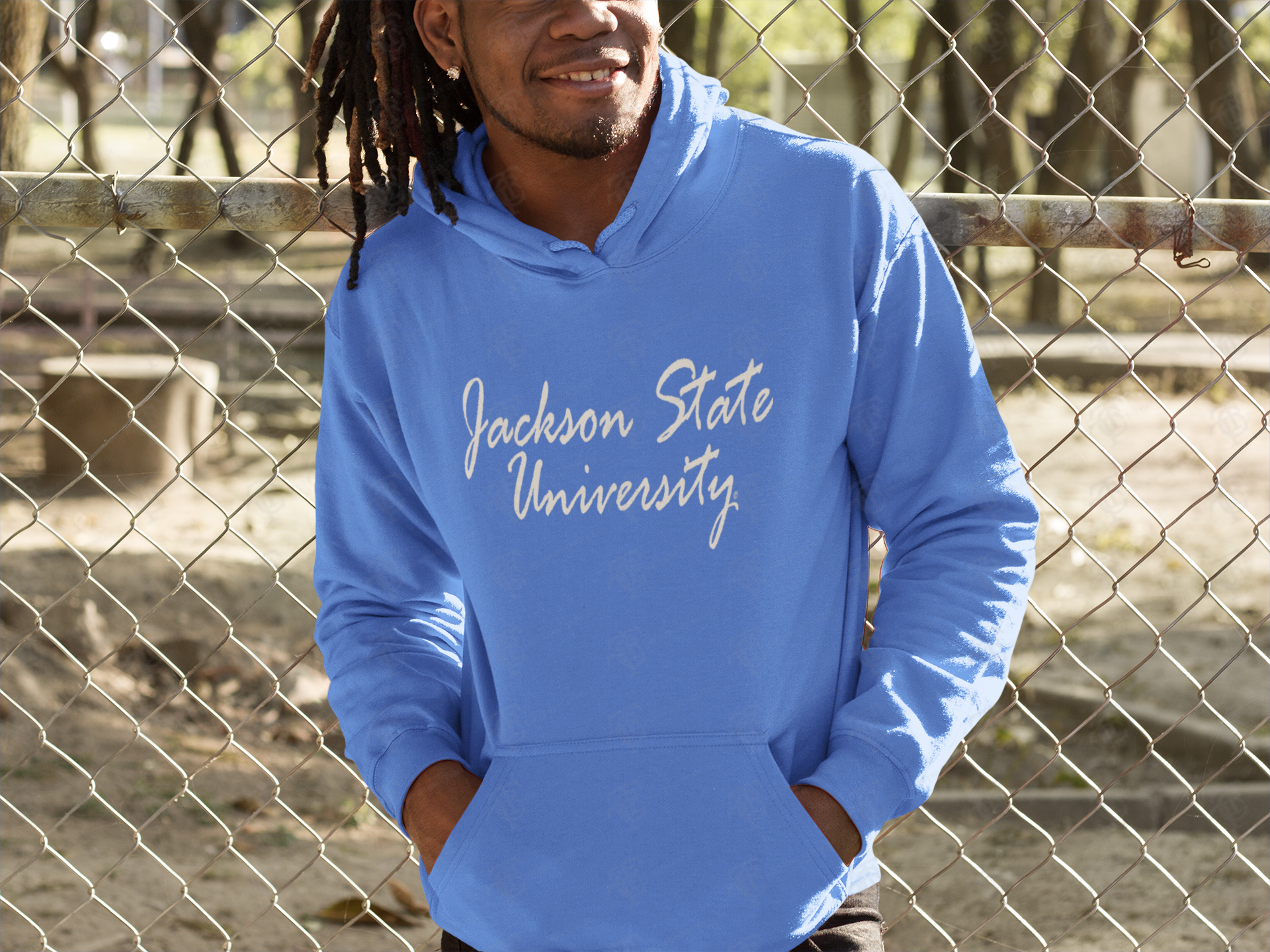 Blue pullover hoodie with 'Jackson State University' script logo, front view