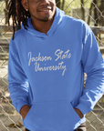 Blue pullover hoodie with 'Jackson State University' script logo, front view