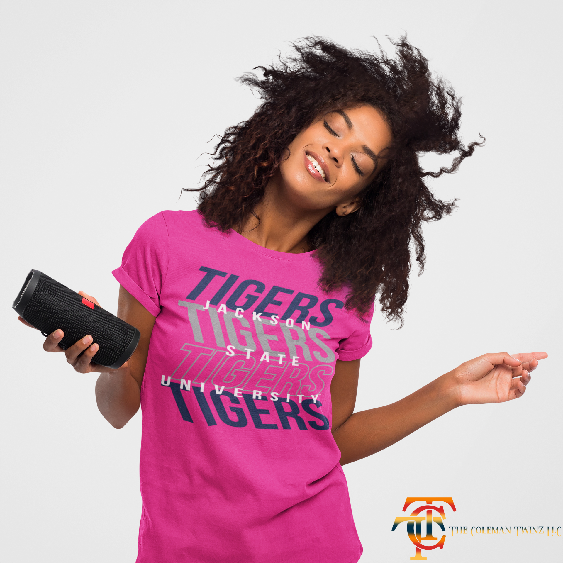 Pink crew-neck short-sleeve T-shirt with Tigers graphic on front.