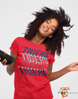 Red crew-neck short-sleeve T-shirt with Tigers graphic on front.