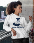 White unisex pullover hoodie with leaping tiger graphic and Jackson State University text