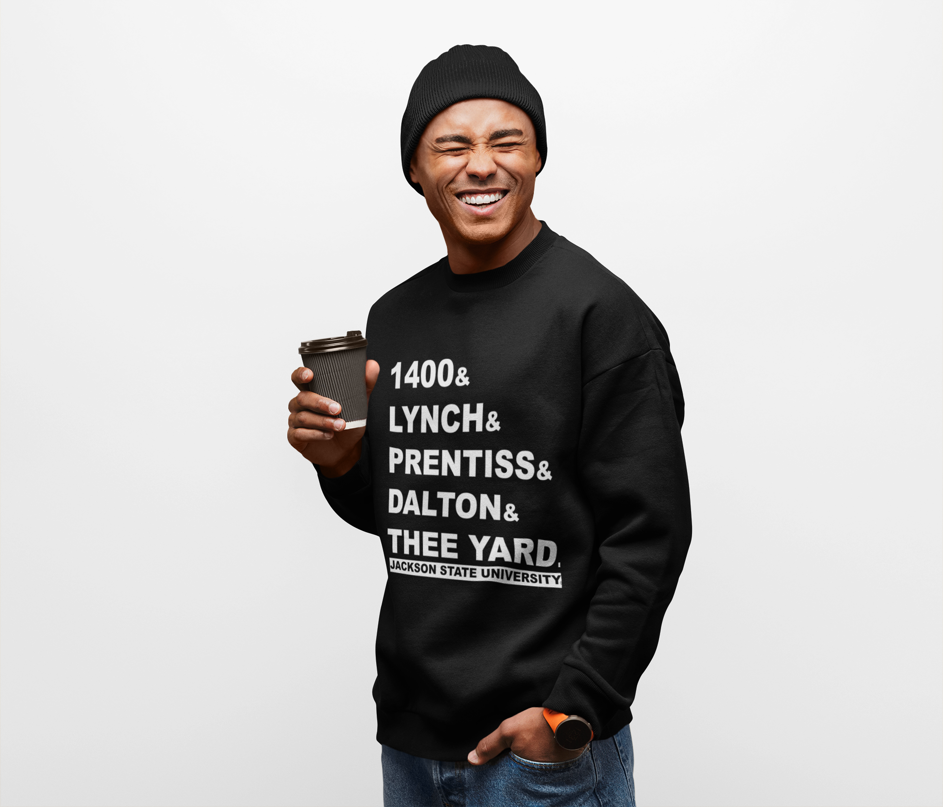 Black crewneck sweatshirt with '1400&amp; LYNCH&amp; PRENTISS&amp; DALTON&amp; THEE YARD' print
