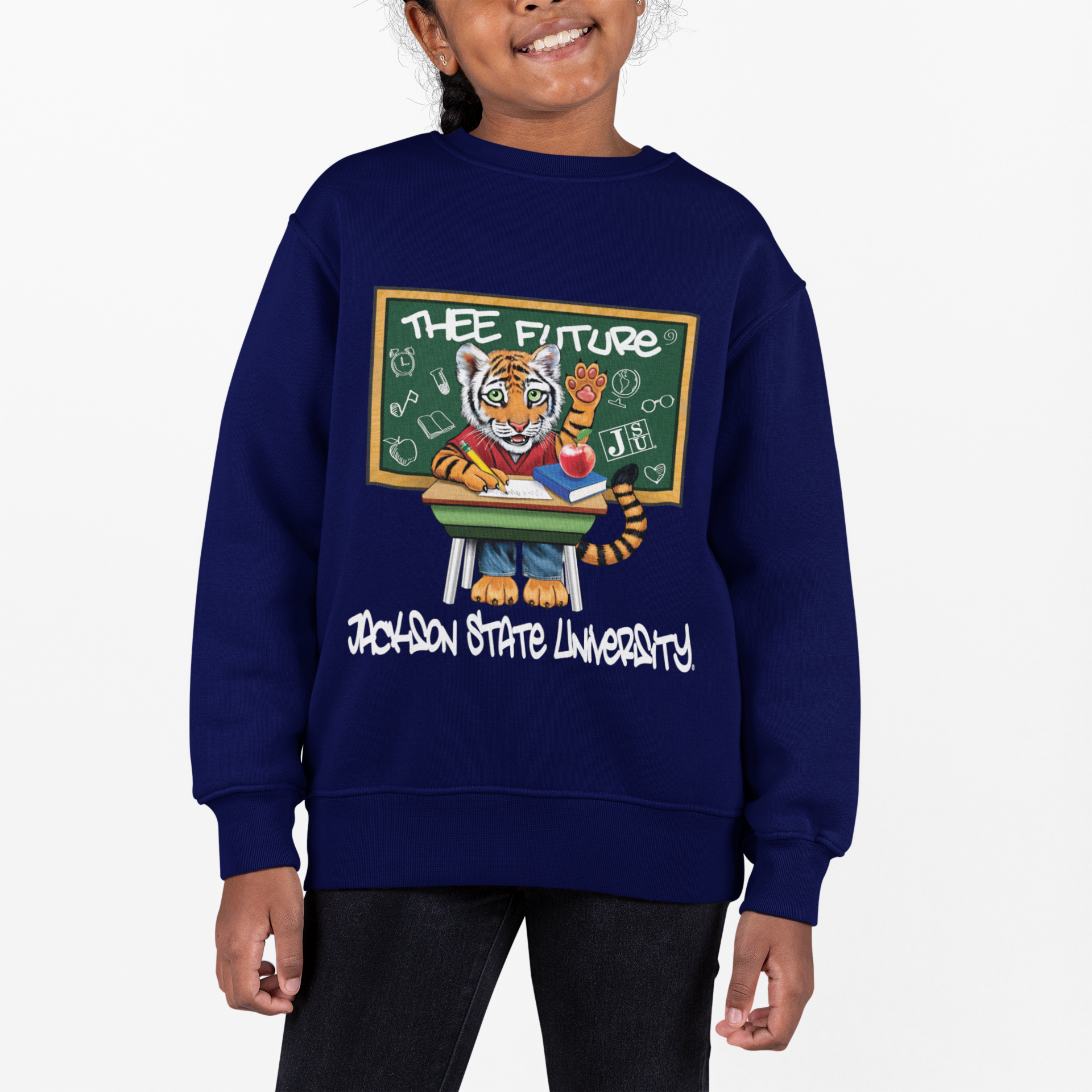 Navy toddler sweatshirt with large front tiger mascot graphic and school-style text