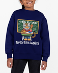 Navy toddler sweatshirt with large front tiger mascot graphic and school-style text