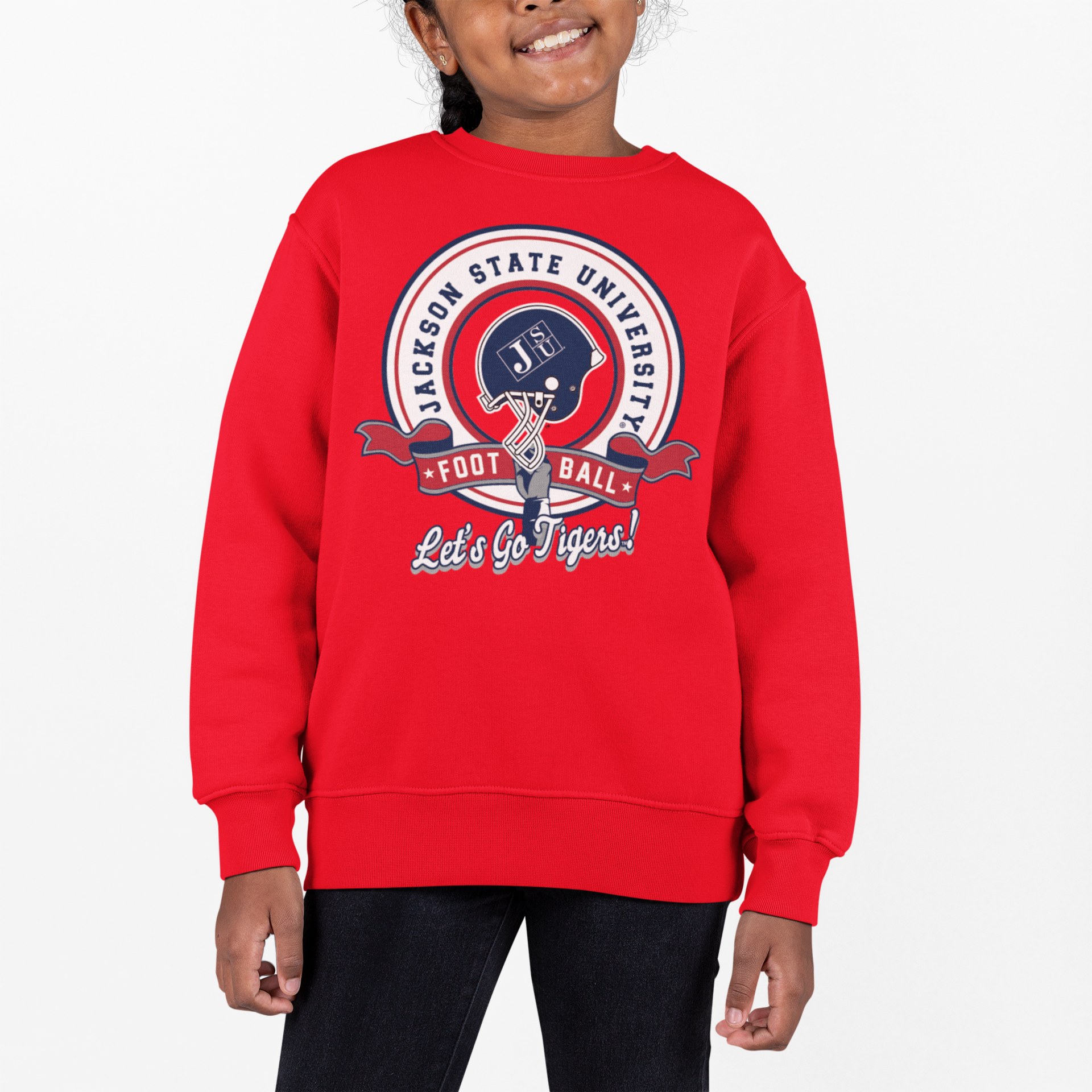 Youth crewneck sweatshirt, red with university football badge logo and Lets Go Tigers print