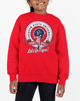 Youth crewneck sweatshirt, red with university football badge logo and Lets Go Tigers print