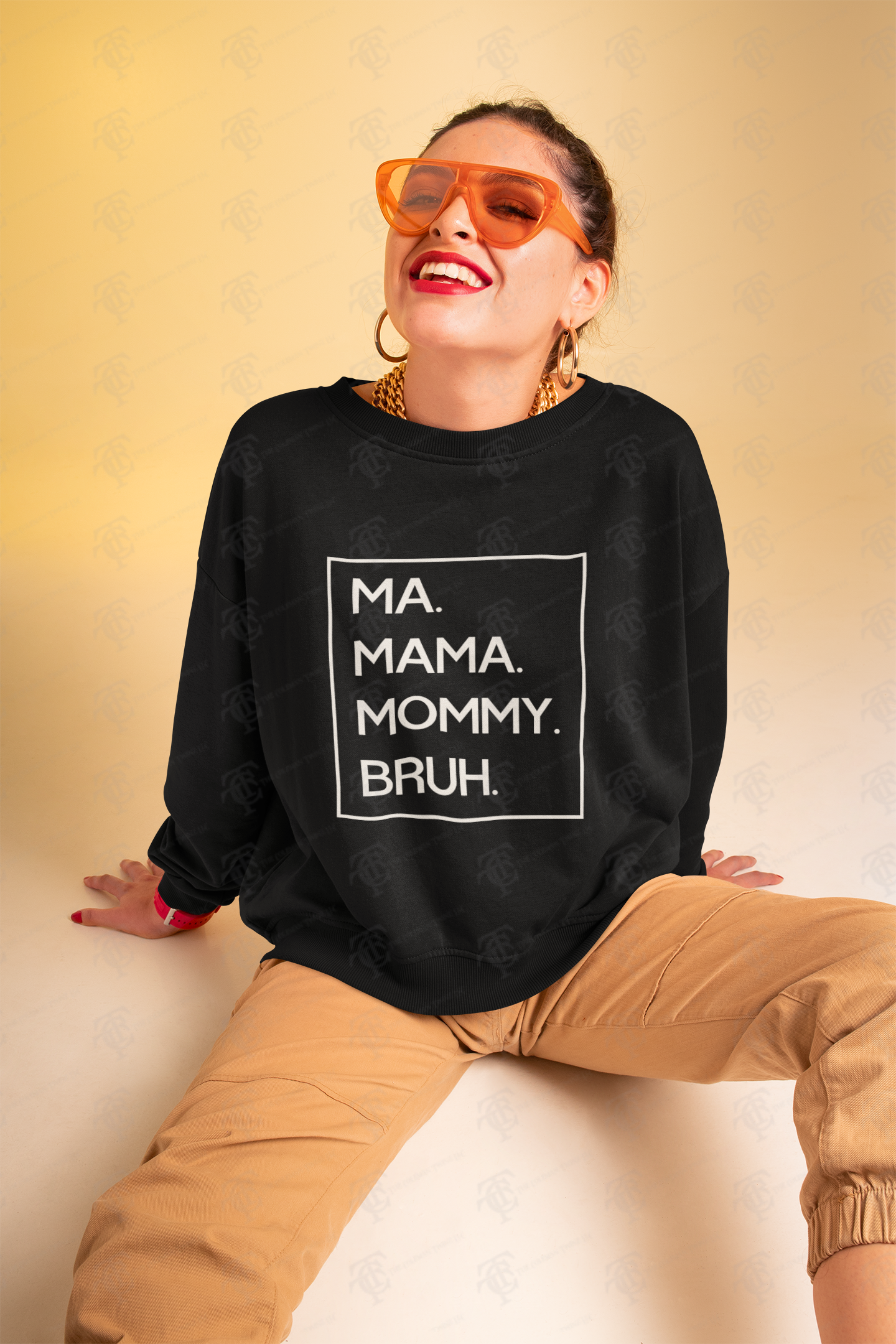 Black crewneck pullover sweatshirt with white 'MA. MAMA. MOMMY. BRUH.' text box
