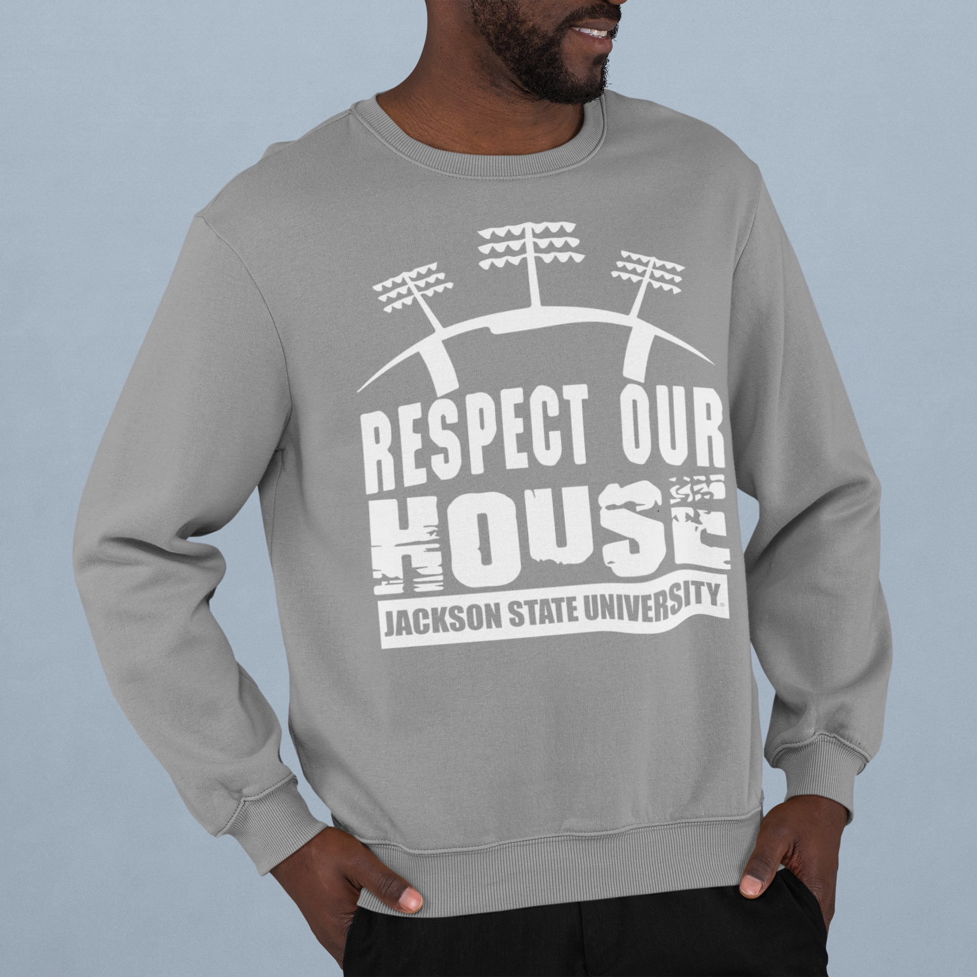 Gray sweatshirt with Respect Our House puff-print graphic, crew neck, long sleeves