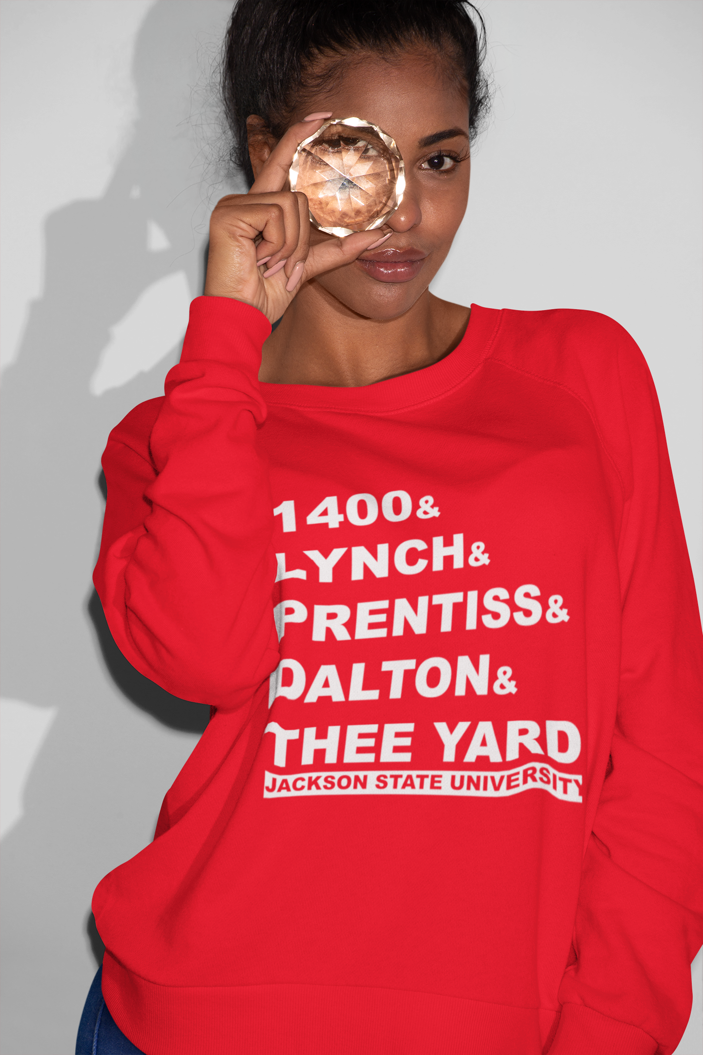 Red crewneck sweatshirt with '1400&amp; LYNCH&amp; PRENTISS&amp; DALTON&amp; THEE YARD' front print