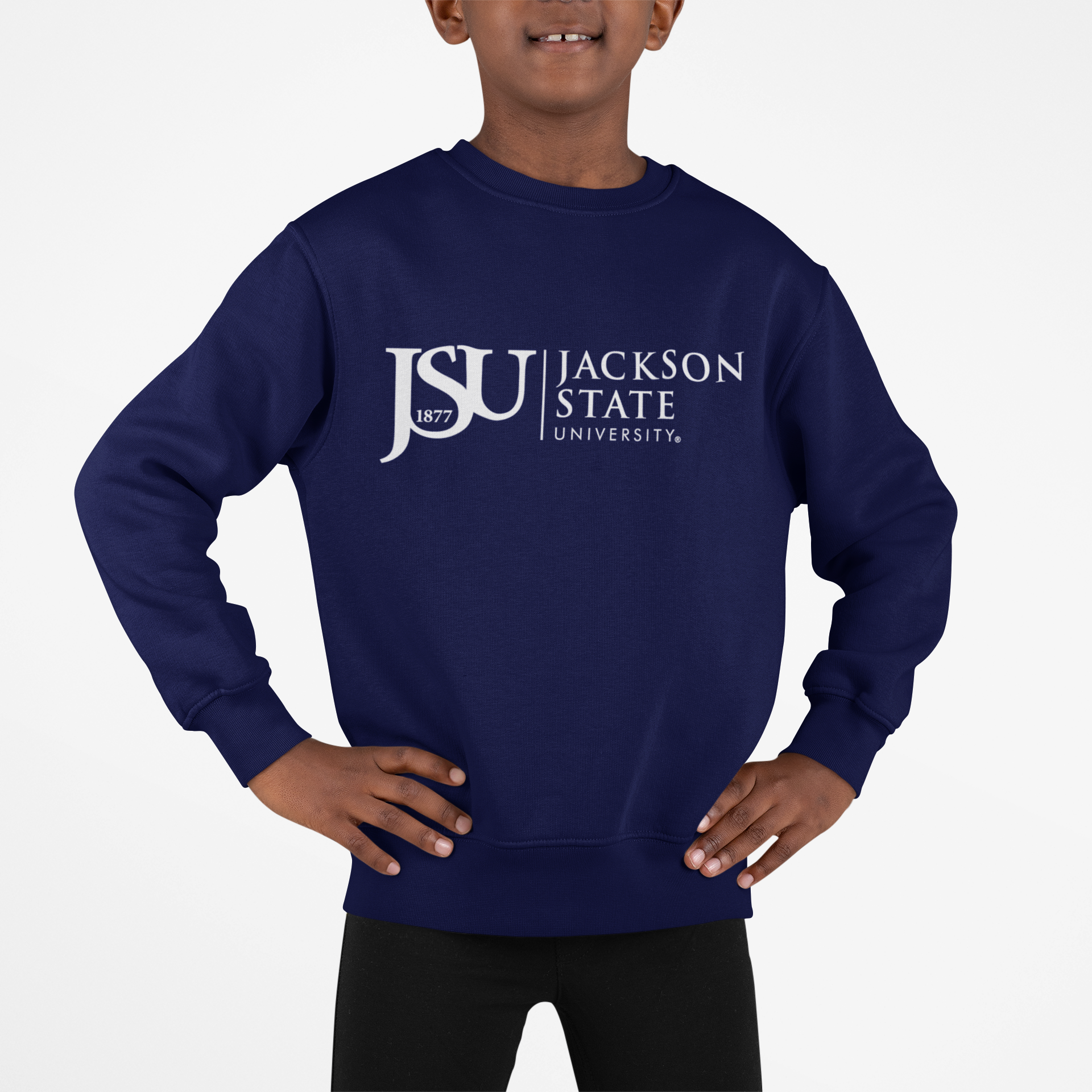 Navy youth crewneck sweatshirt with white Jackson State University logo on chest