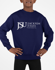 Navy youth crewneck sweatshirt with white Jackson State University logo on chest