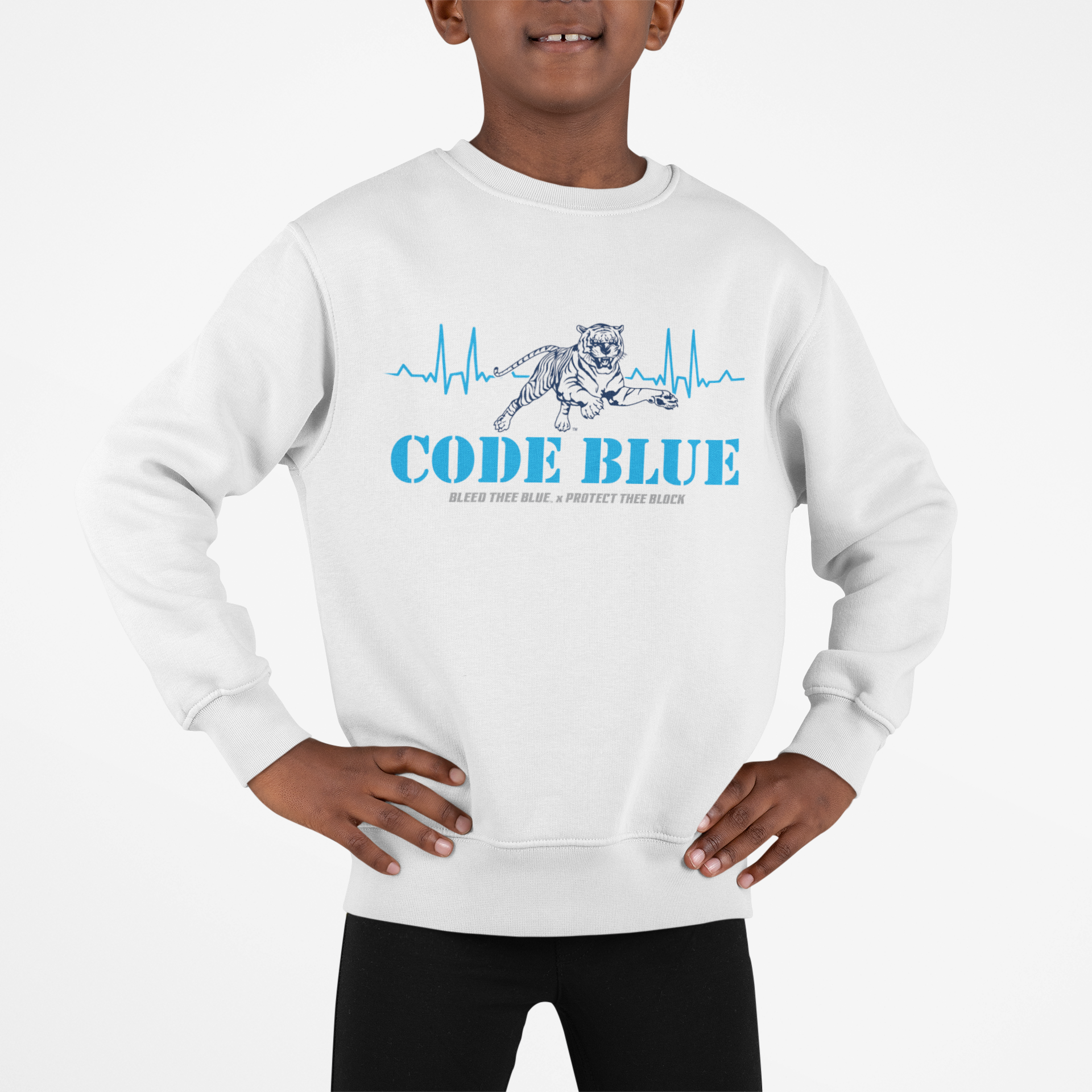 Youth crewneck sweatshirt, white with blue 'CODE BLUE' chest graphic