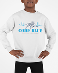Youth crewneck sweatshirt, white with blue 'CODE BLUE' chest graphic