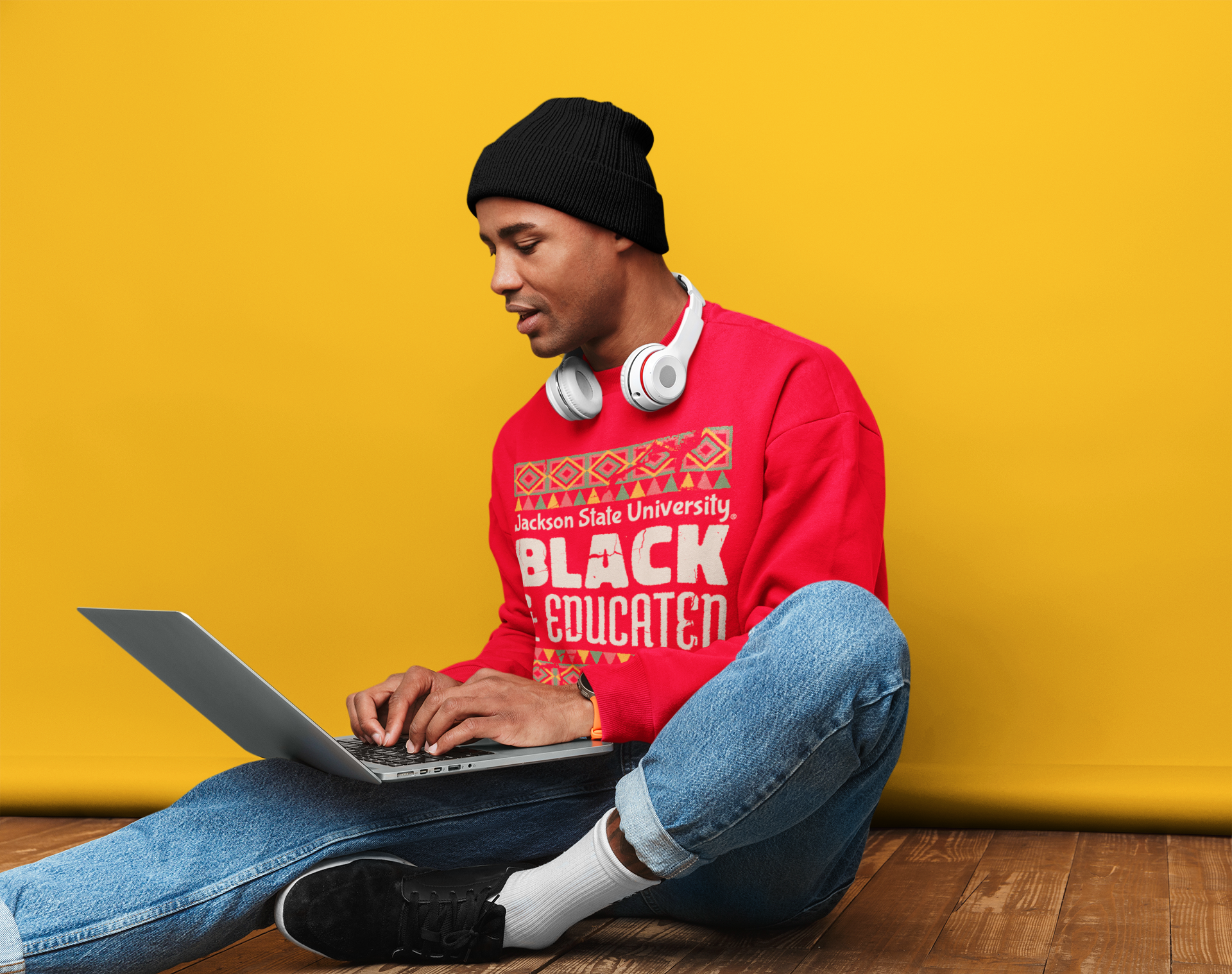 Red crewneck sweatshirt with “Jackson State University” Black &amp; Educated graphic