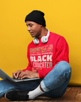 Red crewneck sweatshirt with “Jackson State University” Black & Educated graphic