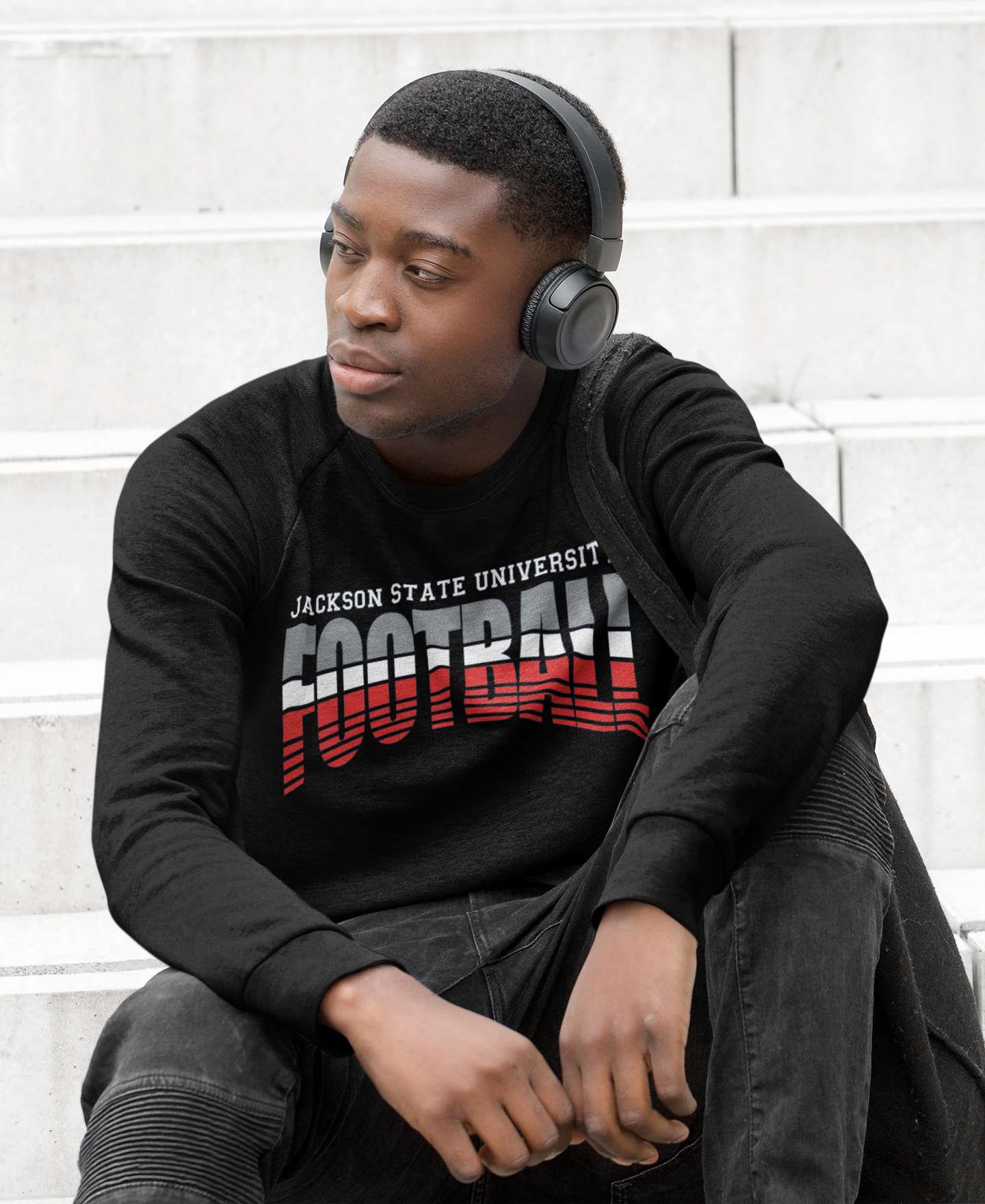 Black crewneck football sweatshirt with stacked JACKSON STATE UNIVERSITY logo graphic, long sleeves