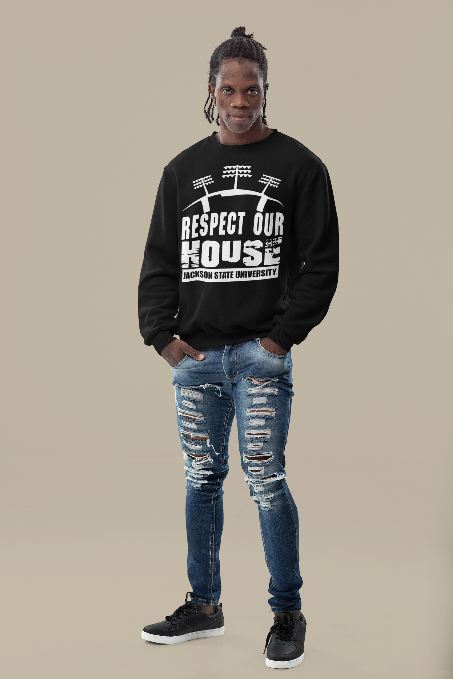 Black sweatshirt with Respect Our House puff-print graphic, crew neck